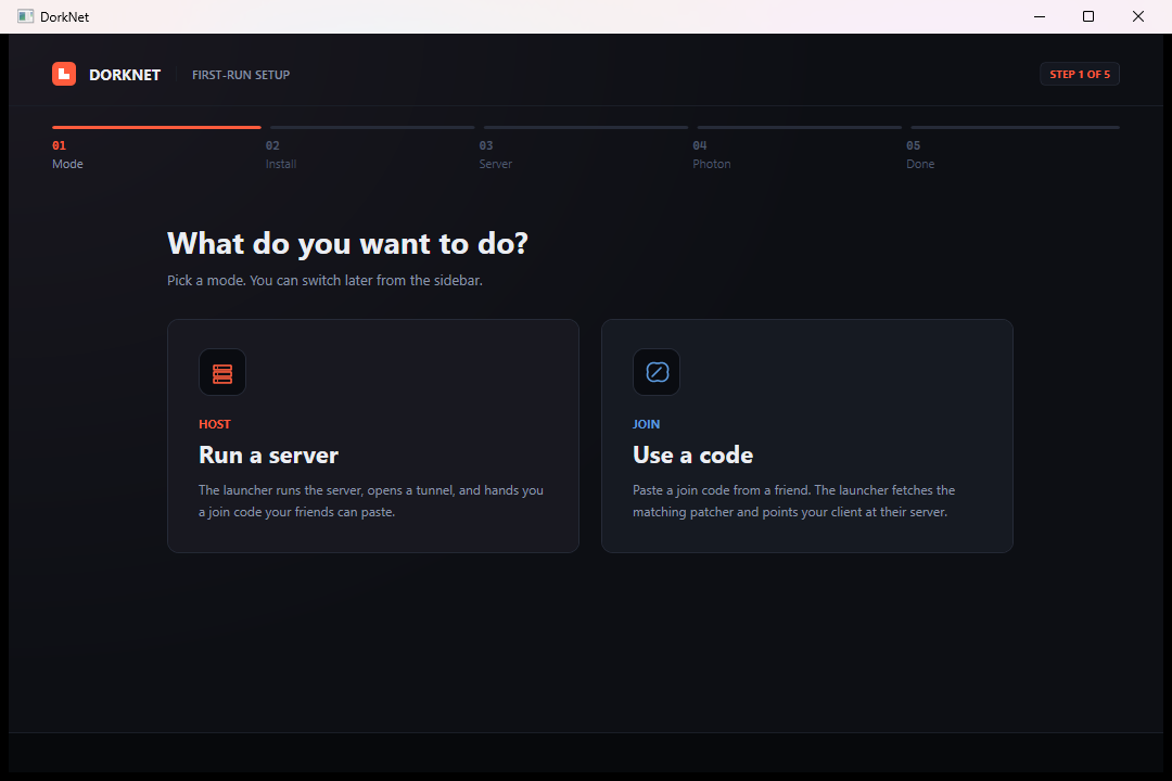 mode pick — Host a server vs Join a friend