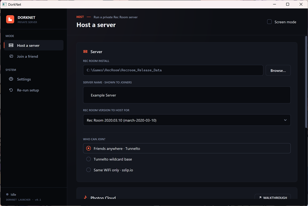 host view with Server and Photon panels